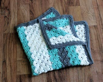 Teal and Grey Shell Stitch Crochet Baby Blanket