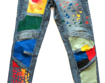 Blue motion women hand painted exclusive bleue and multicoloured skinny denim jeans with cotton and lycra stretch fabric