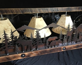 ALWAYS FREE SHIPPING Rustic Lodge 48" Chandelier Lodge Elk-Deer-Moose&Bear, Barnwood, Pot Rack Bottom. SheepSkin Shades. Made in America.