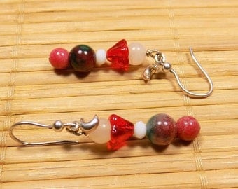 Red dyed jade earrings and 925 sterling silver small moons