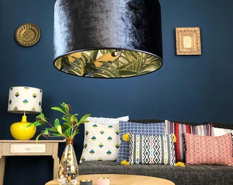 Charcoal Black Velvet Tropical Jungle Parrot Lampshade