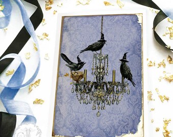 Halloween card, Murder of crows, vintage chandelier silhouette, holiday card, blank card