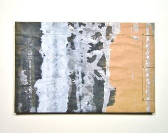Artist's Sketchbook, Silver and Black, Stab Bound with Up Cycled Materials and Hand Painted Cover