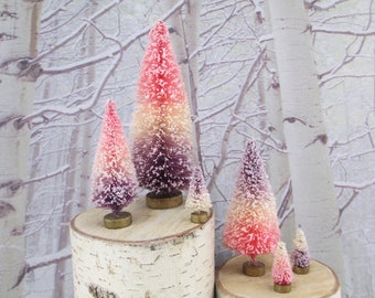 6 Vintage Style Bottle Brush Trees Pink Purple Cream Forest Striped Ombre Mica Lot Bottlebrush Christmas Tree Tiny Diorama Lavender Sisal