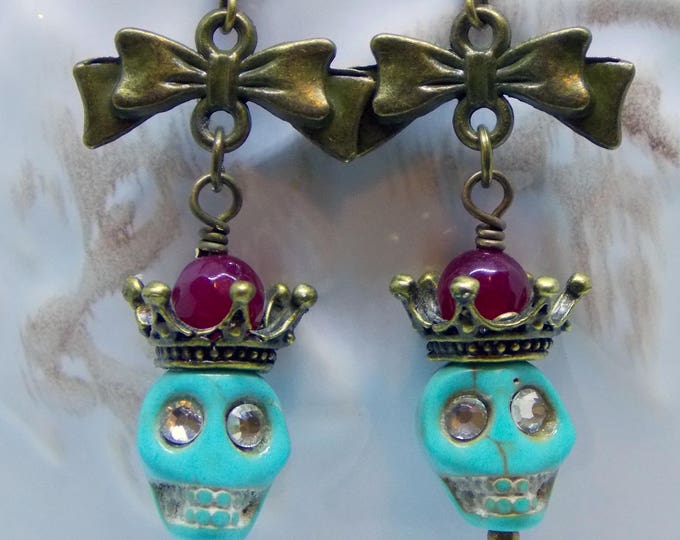 Skull Earrings Sugar Skulls Turquoise Crown Rhinestone Garnet Gemstone Dangle Victorian Earrings Day of the Dead Earrings