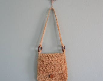 Rustic 70s Macrame Handbag - Vintage Jute Rope Shoulder Bag with Wood Hardware - Vintage 1970s Bag