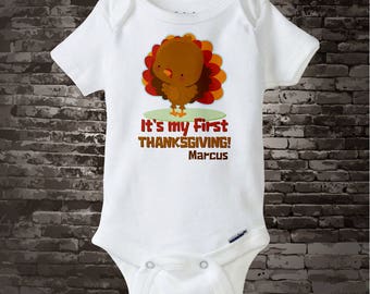 Babys First Thanksgiving Outfit, Personalized outfit, 1st Thanksgiving Onesie or T Shirt design with cute Turkey 11042015a