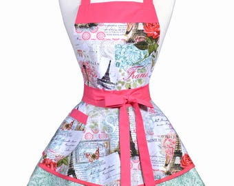 Womens Ruffled Retro Apron - French Eiffel Tower Pink Jade Womans Vintage Style Pinup Kitchen Apron to Personalize or Monogram (DP)