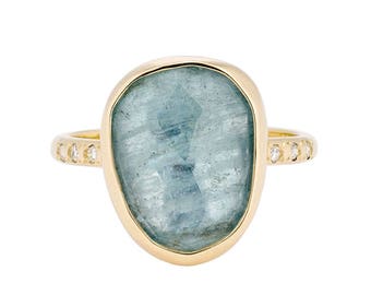 Aquamarine Diamond Ring, 14K Gold Aquamarine Ring, March Birthstone Ring, Solid Gold Blue Gemstone Ring, Gift for Her