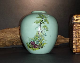 Vintage Turquoise Blue Bud Vase / Iridescent Blue Bud Vase Pink Flowers Stately Tree / Ginger Jar Shaped Bud Vase with Asian Floral Motif