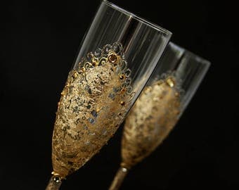 Gold Champagne Glasses, Wedding Glasses, Hand Painted, Set of 2