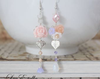 Pink Mismatched earrings Boho flower earrings Asymmetrical earrings Garden earrings Pink floral earrings Fairy earrings - Enchanted Garden