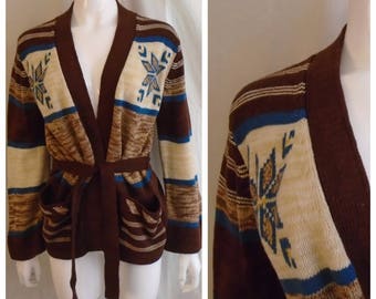 Vintage 1970s Sweater Hippie Belted Long Cardigan Brown Space Dyed Belled Sleeves Large