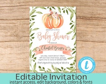 Fall Baby Shower Invitation, Greenery, Pumpkin Shower Invitation, Floral, Baby Girl Shower invite, Boho Fall, EDITABLE, Instant Download