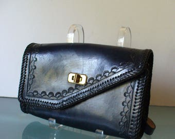 Vintage Dark Blue Tooled Leather Shoulder Bag