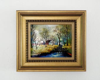 Betty Chou Enamel on Copper Landscape Painting in original gold frame, signed by listed artist, home decor, beautiful view, New England