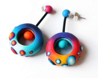 Polymer Clay Earrings, Fimo, cool earrings, wearable art, colorful earrings, contemporary jewelry, OOAK, boho, long earrings, made to order