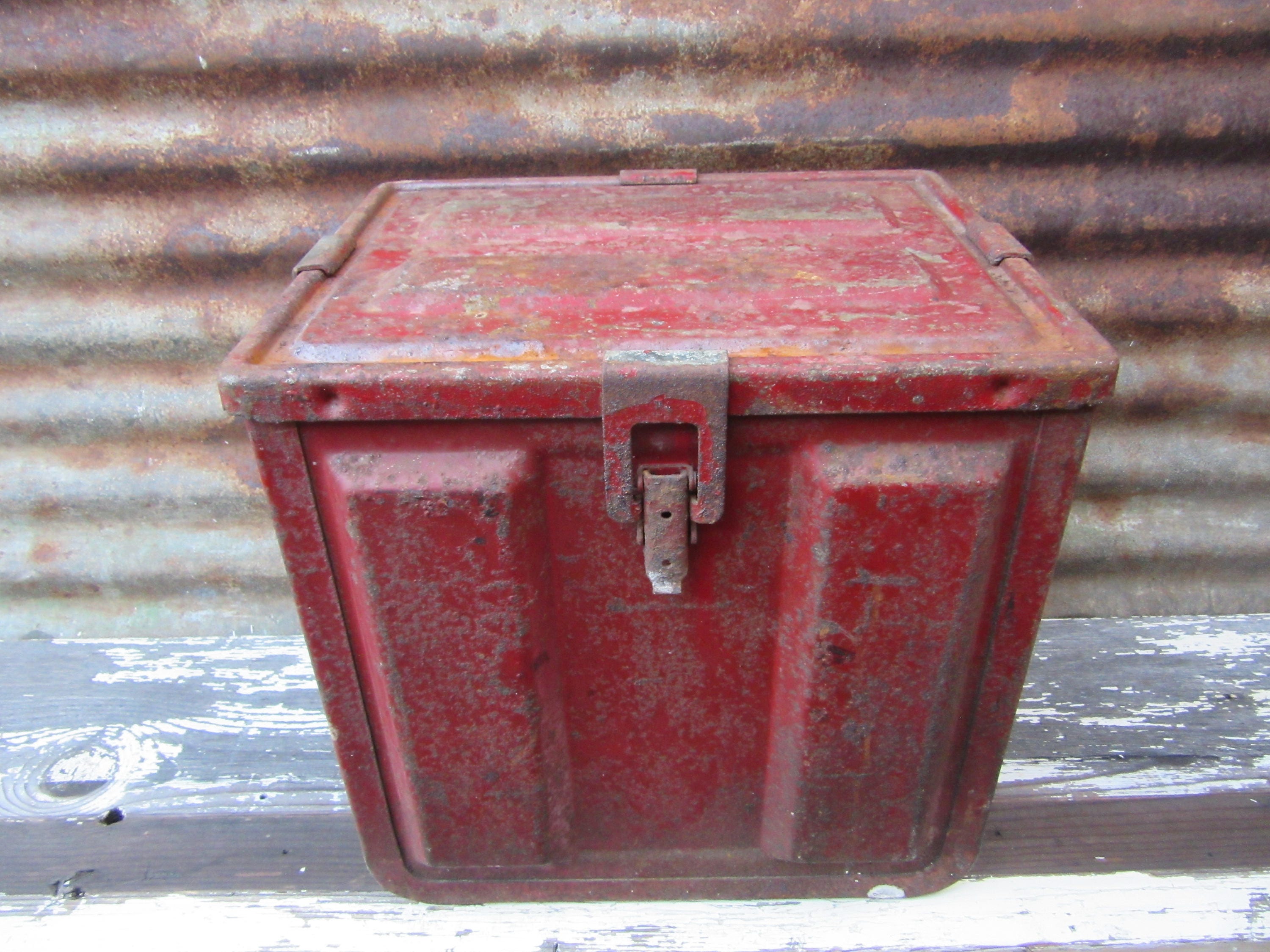 Vintage Ammunition Chest LARGE Red Metal Box Solid Lock Box