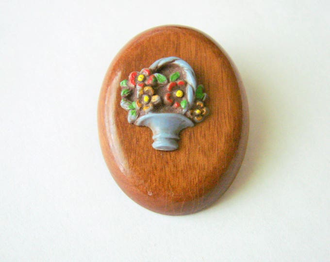Vintage Wood & Enamel Blue Floral Brooch / Multi Color Foliate Basket / Jewelry / Jewellery