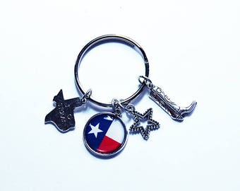 Texas Keychain, I Love Texas, Stocking stuffer, Gift for Texan, Texas key ring, Red White Blue, Gift for her, Texas Cowgirl (7867)