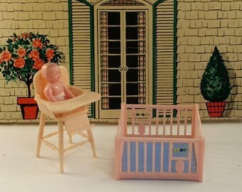 Vintage Renwal Nursery Furniture -- Pink Highchair, Playpen and Baby, 3/4 Scale, Midcentury for Tin Litho Dollhouse, Baby Shower Decoration