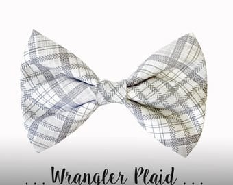 Gray and White Plaid Dog Bow Tie; Dog Collar BowTie Attachment: Wrangler Plaid