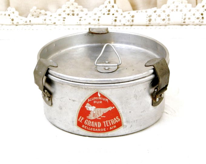 Vintage French Aluminum Metal 40s Round Cooked Meal Pail with Original Label Le Grand Tetras, Mid Century Lunch Canteen Box, Food Container