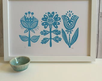 Three Flowers - Linocut print - Wall Art - Gift for the home - Wall Decor - gift for flower lover - Birthday Present