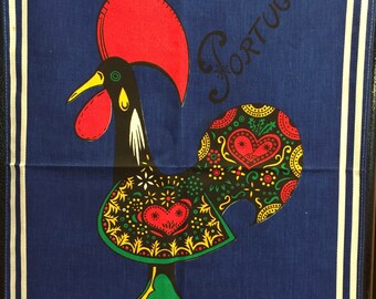Vintage Towel, Rooster, Portuguese, Blue, Mint