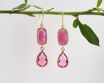 Ruby Earrings Dangle Earrings - Ruby Stone Earrings - Drop Earrings - Ruby Birthstone Earrings - Jewelry - Pink Quartz - Ruby Earrings