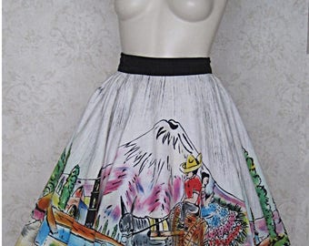 Vintage 1950s Hand Painted Mexican Circle Skirt Novelty Print Souvenir Skirt