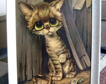 Vintage 1960’s GIG – Margaret Keane Style – Large Framed PITY KITTY Print – Alley Cat – Sore Paw – Sardine Can - Big Eyes – P610 -