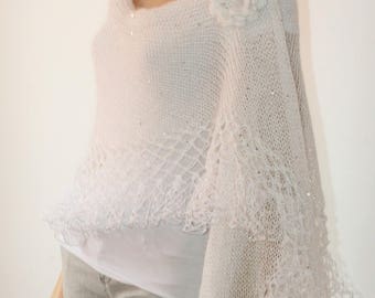 White Silver Wedding Shawl, Bridal Shawl, Bridal Wedding Stole,White Shawl, Hand Knit Shawl, Wedding capelet, Bridesmaid Shawl