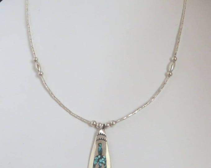 Navajo Silver Pendant Necklace | Vintage Signed Delvin Nelson Jewelry | Turquoise Coral Chip Inlay Pendant Necklace