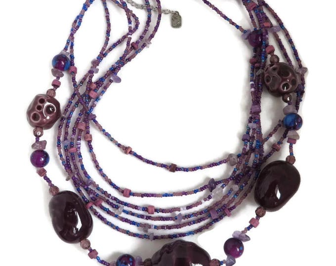 Vintage Purple Multi-strand Necklace | Barrel, Seed Bead Necklace | Boho Jewelry