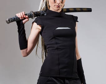 Black cyberpunk vest with reflective fabric inserts, industrial shirt - PRI woman