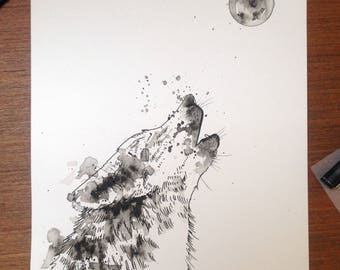 howling wolf original artwork ink illustration a4