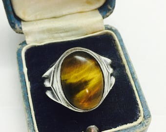 Vintage Sterling Silver Clark & Coombs Art Deco Men's Tiger's Eye - Size 10 - 6.7 Grams