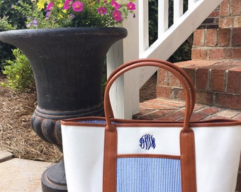 Monogrammed Seersucker Tote Bag- Monogram Canvas Bag- Personalized Canvas Tote