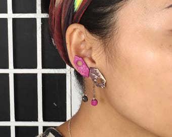 Indigo Pink Leather Earrings | Ear Climbers | Mismatched Earrings | Statement Earrings | Double Piercing Ear Jackets |Leather Chain Earrings