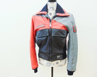 Vintage Hein Gericke Leather Polaris Jacket, Snowmobile Dirt Bike Riding Coat, Winter Wear, Men's Extra Small, Women's Small, Red Black Grey