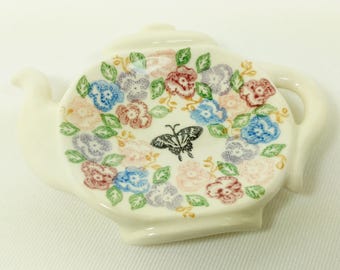 Tea Bag Holder - Teapot Shape - Ceramic - Hand Stamped Underglaze Design in Pansy Flowers- Tiny Dish - Spoon Rest Dish - Ready to Ship