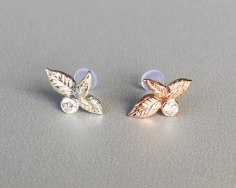 3 mm CZ with Sterling Silver Leaves Cartilage Earring Bioflex Tragus Piercing Forward Helix Earring Piercing 16G 6mm 8mm 10mm Bioflex