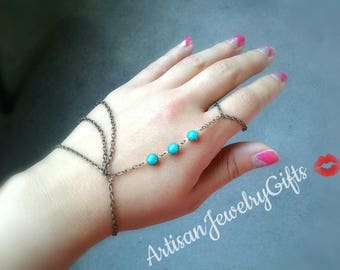 Bohemian Turquoise Hand Chain Slave Bracelet Pointer Finger Slave Bracelet Antique Brass Slave Bracelet Pointer Finger Hand Chain