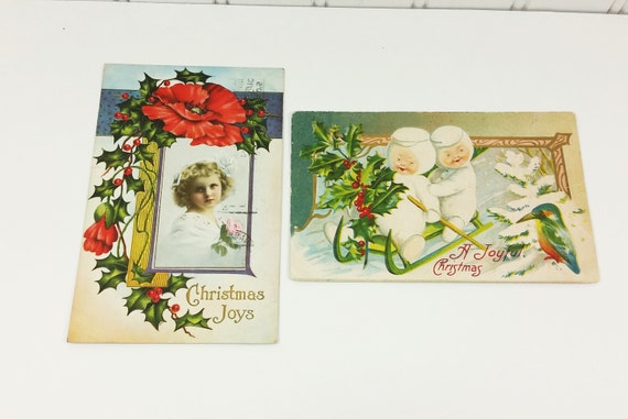 Christmas Joys Holiday Postcards 1912 Girl with Red Flowers
