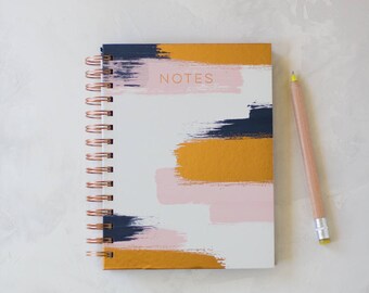 Brushed Copper Foil Hardcover Spiral Notebook w/ Pink + Navy Accents - 100 pages - 6" x 8"
