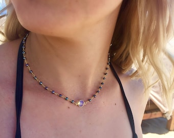 opal choker necklace, gemstone choker, black pearl choker, beaded choker, opal necklace, opalite necklace, opal bridal jewelry