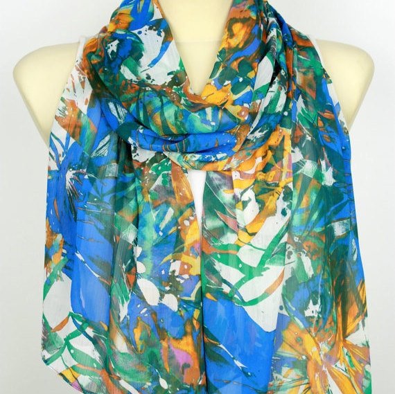 Floral Fashion Scarf - Blue Fabric Scarf - Women Printed Shawl - Unique Boho Scarf - Spring Accessories - Gift for women - Valentines Gift