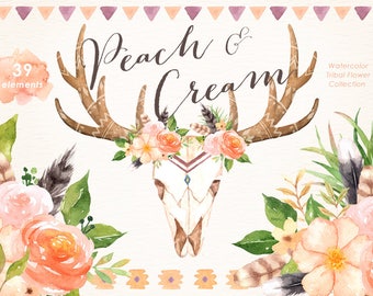 Peach & Cream Tribal Watercolor clipart, Boho Clipart, Flowers Wreath Bouquets, Wedding invitation, DIY elements, greeting card,Horn,Feather