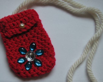 Handmade Red Crochet Small Shoulder Bag with Long Straps and Jewels